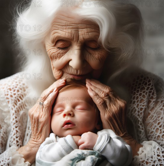 A grandmother tenderly embraces the head of her grandchild, a baby, symbolic image family,