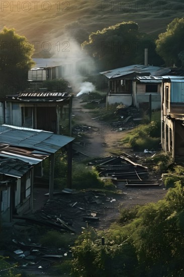 Deserted mining town nature reclaiming architecture, AI generated