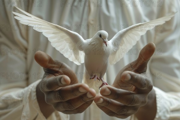 Close-up of a man's hands, with a white dove, dove of peace, AI generated, AI generated, AI