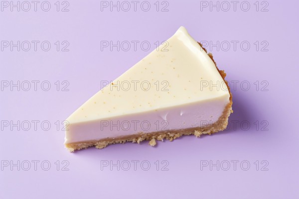Slice of cheesecake on pastel violet background. KI generiert, generiert, AI generated
