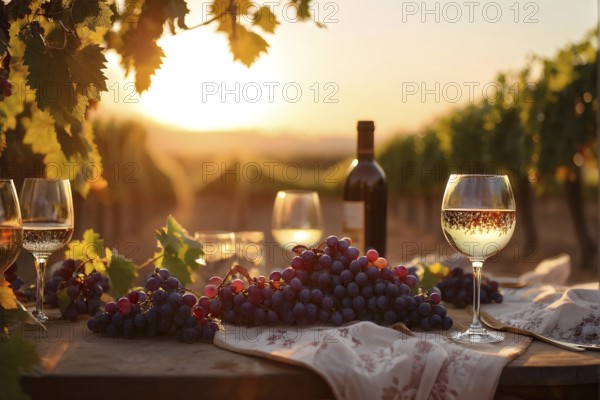AI generated wine tasting table setup with wine and vine grapes nestled subtly amidst a thriving