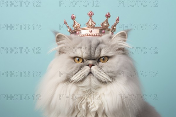 Persian cat with crown on blue background. KI generiert, generiert AI generated