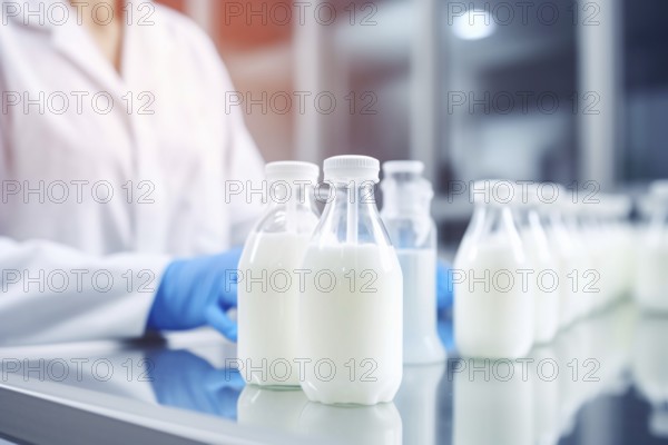 Bottles of milk or white liquit in research lab. Lab grown milk concept. KI generiert, generiert AI