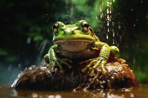 Goliath frog, Conraua goliath, under water droplets from a cascade, AI generated