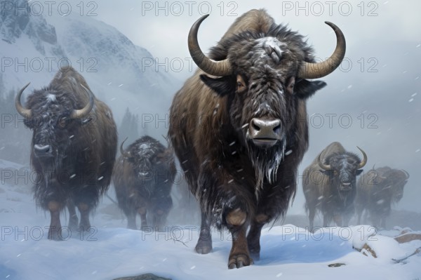 Herd of bison covered with ice walking in snow, AI generated