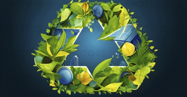 Recycling symbol morphing into growing plants and solar cells to symbolize the transformation of