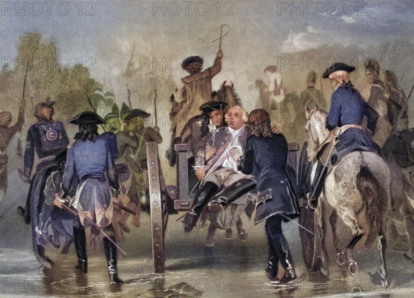 Mortally wounded General Edward Braddock (1695? to 1755) retreats from the Monongahela River in