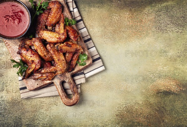 Fried in the oven, chicken wings, with spices, tomato sauce, on a cutting board, gray background,