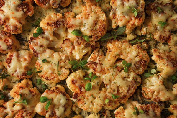Cauliflower steak with cheese and spices, homemade, close-up, top view, selective focus, no people