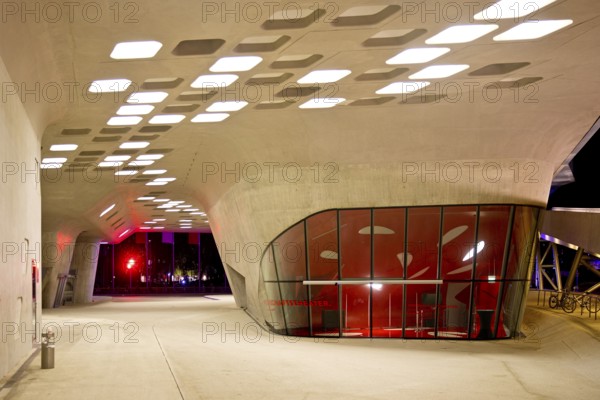 Under the phæno building, an experimental landscape and science centre at night, Wolfsburg, Lower