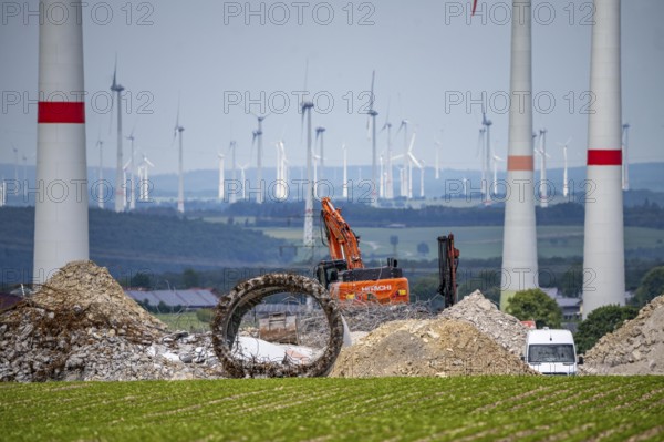 Wind farm north of Marsberg, old wind turbine is demolished, creates space for new, more powerful