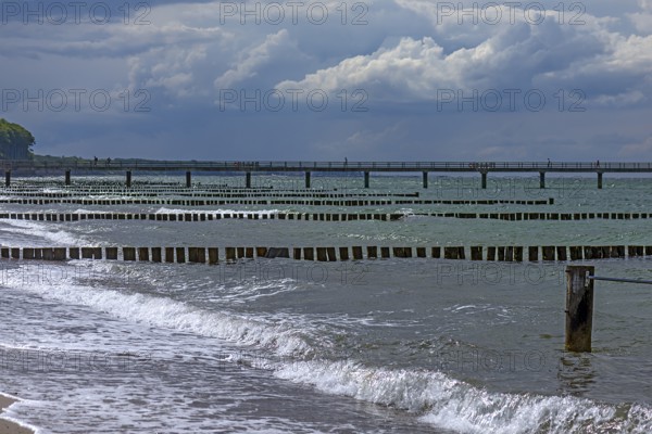 Pier and groynes on the beach at Heiligendamm, Mecklenburg-Vorpommern, Germany, Europe