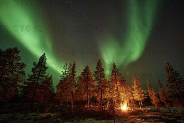 Man in the evening at a bivouac with campfire, Lapland, Sweden, Scandinavia, Europe