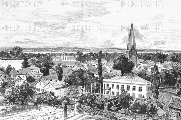 Town view of Eutin, Eutin Lake District, castle, church, field, Schleswig-Holstein, Germany,