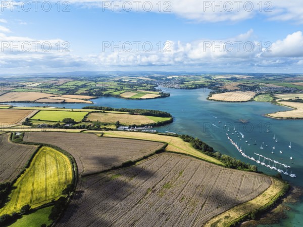 Salcombe and Mill Bay over Kingsbridge Estuary from a drone, Batson Creek, Southpool Creek, Devon,