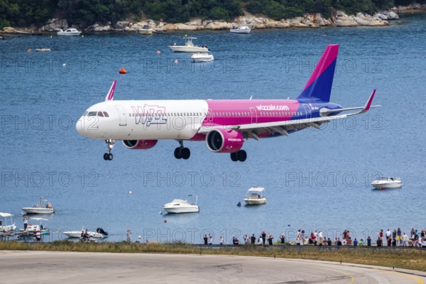 A Wizzair Airbus A321neo aircraft with the registration 9H-WAA at Skiathos Airport, Greece, Europe