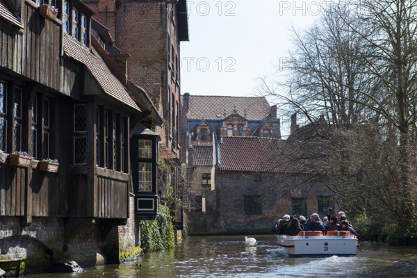 Tourist boat in the city canal, UNESCO, cityscape, tourism, travel, Flanders, West Flanders,