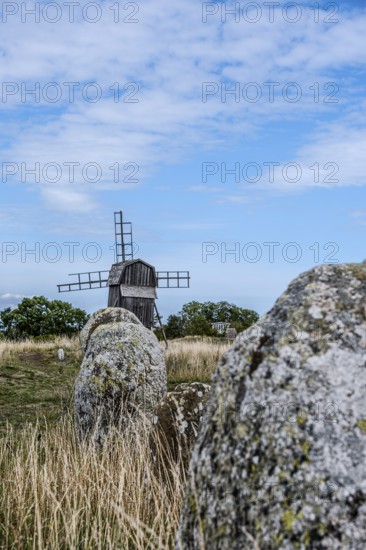 Stone settlement and traditional windmill at the cemetery of Gettlinge (Gettlinge gravfält), which