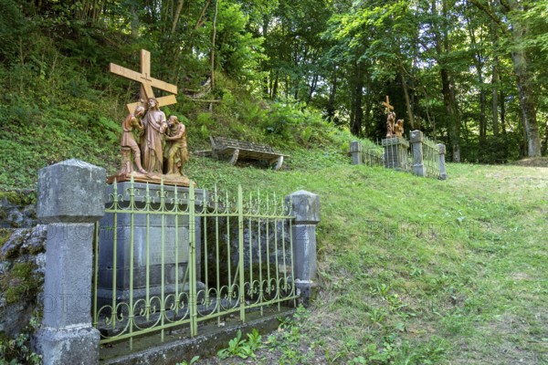 Orcival in Auvergne Volcanoes Regional Natural Park, Statues of Christ's Way of the Cross. Puy de