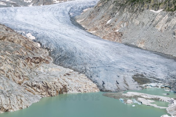 Rhone glacier, valley glacier in the headwaters of the Rhone in the Swiss Alps. Melting glacier,