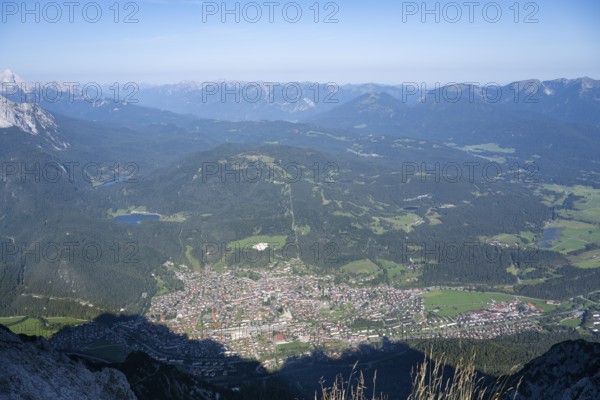 View from the Karwendel to Mittenwald with Ferchensee and Lautersee, Alps, Werdenfelser Land,
