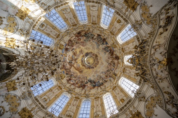 Interior of the baroque church with ceiling paintings, Ettal Monastery, baroque Benedictine abbey,
