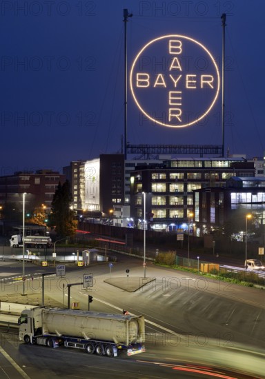 Bayer cross in the blue hour on the premises of Bayer AG, Leverkusen, Bergisches Land, North