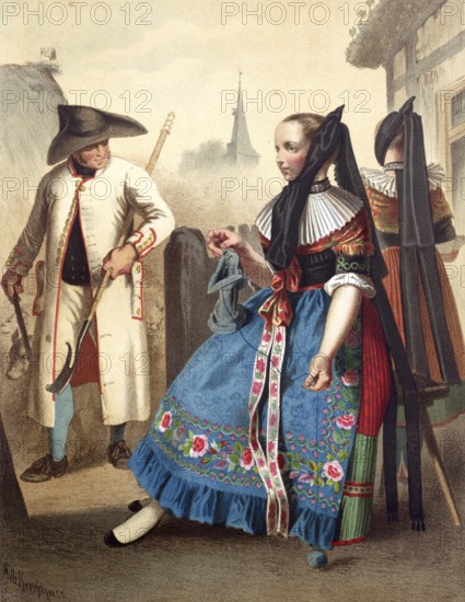 Traditional costumes in Germany around 1820, Brunswick, couple in traditional costumes posing in