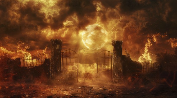 A fiery, dark and ominous scene with a large archway leading into a fiery abyss. Hell gates, AI