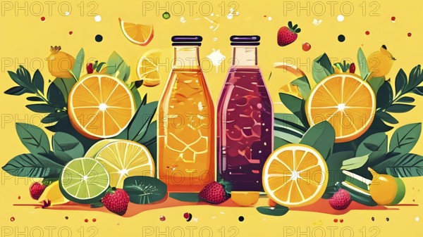 Abstract wallpaper of smoothie surrounded by an assortment of fruits and vegetables, AI generated