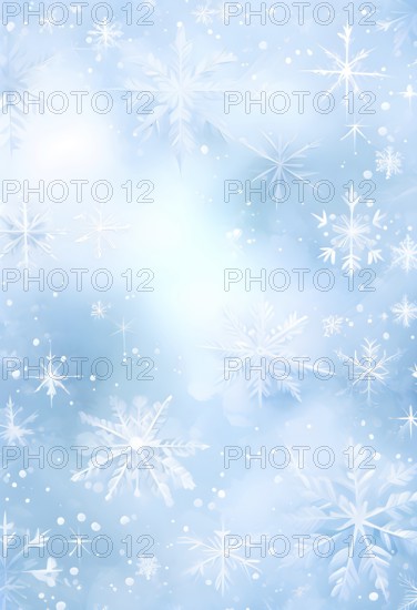 Abstract pattern of snowflakes in varying sizes and shapes in soft white and blue gradients, AI