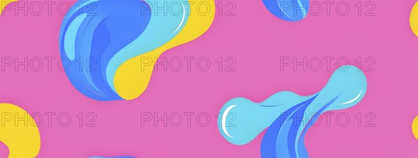 Abstract image with colorful yellow and turquoise blobs and liquid shapes on a pink background, AI