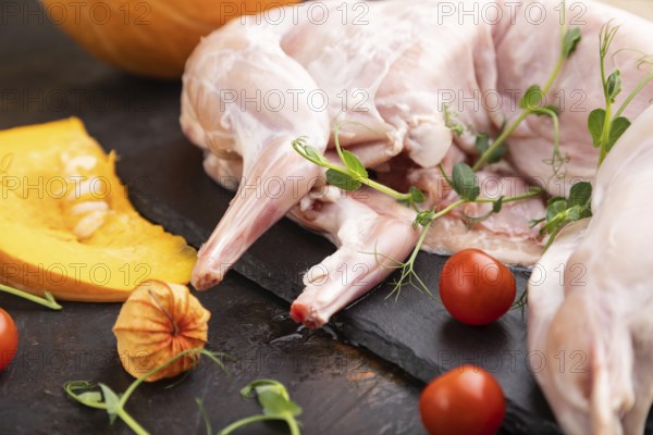 Whole raw rabbit with pumpkin, tomatoes, pea sprouts on a black concrete background and linen