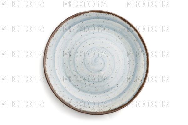 Empty blue ceramic plate isolated on white background. Top view, flat lay, close up