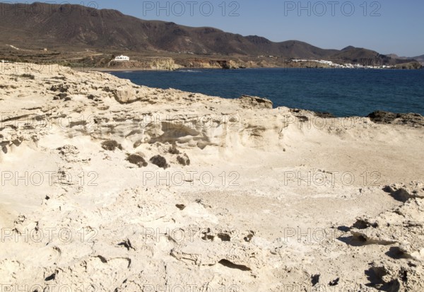 Fossilised sand dune rock structure, Los Escullos, Cabo de Gata natural park, Almeria, Spain,