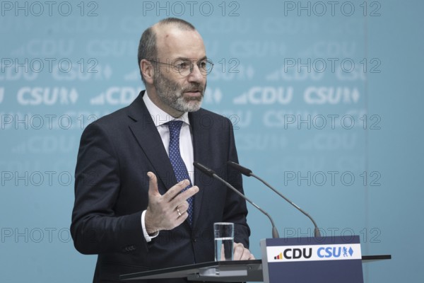 Manfred Weber, Chairman of the EPP Group, at a press conference after the joint meeting of the