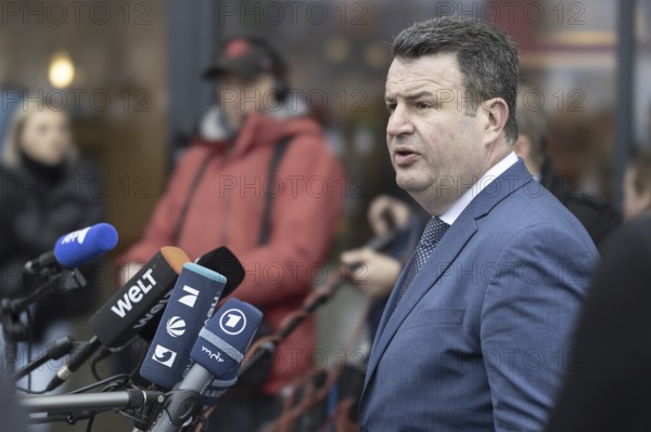 Hubertus Heil (SPD), Federal Minister of Labour and Social Affairs, answers questions from the