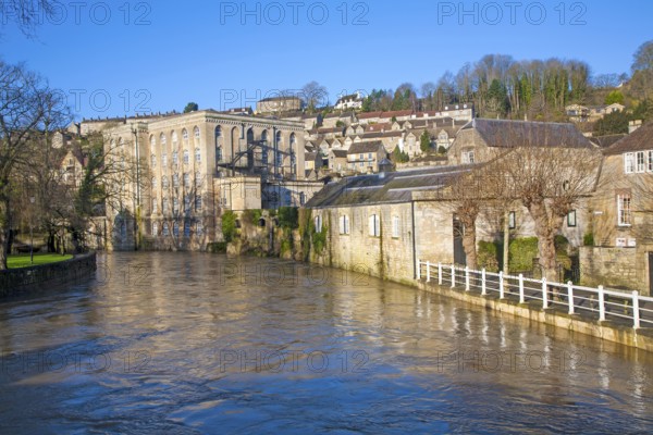 Historic buildings and River Avon, Bradford on Avon, Wiltshire, England, United Kingdom, Europe