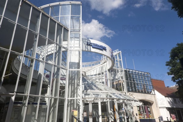 Modern glass and steel architecture of the Buttermarket shopping centre in the town centre of
