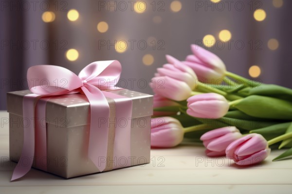 Gift Box with Pink Ribbon Beside bouquet of Fresh Tulips on Bokeh Background. Good for Valentine