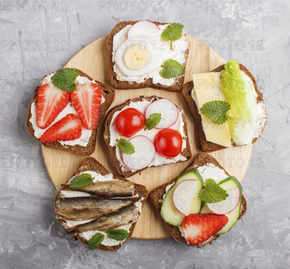 Set of different sandwiches with cheese, radish, lettuce, strawberry, sprats, tomatoes and cucumber