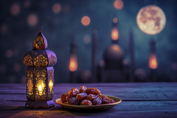 Ramadan lantern with a plate of succulent figs in violet purple tones with mosque and moon, set on