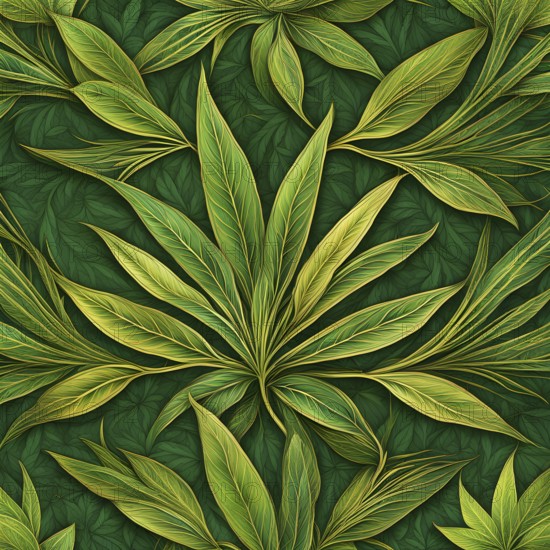 Abstract wallpaper highlighting stylized cannabis leaves in vibrant green and golden colors, AI