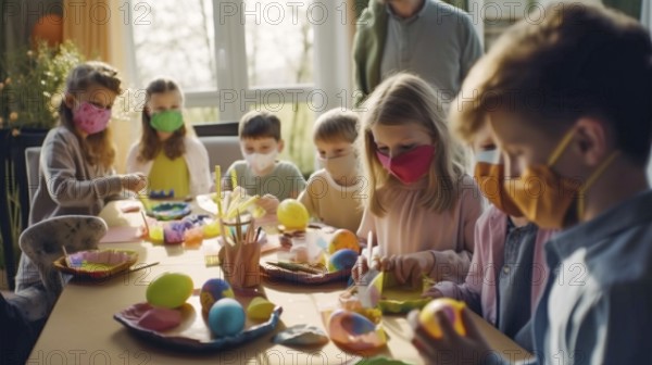 Several children wearing medical masks decorating easter eggs at the kitchen table, generative AI,