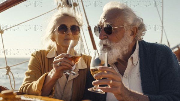 Senior caucasian couple enjoying drinks on the deck of their yacht in the ocean, generatvie AI, AI