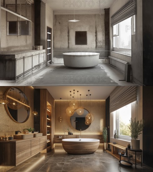 Luxurious custom bathroom upgrade interior before and after construction, generative AI, AI