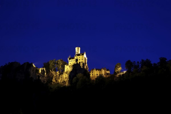 Lichtenstein Castle, night shot, artificial light, fairytale castle of Württemberg, illuminated,