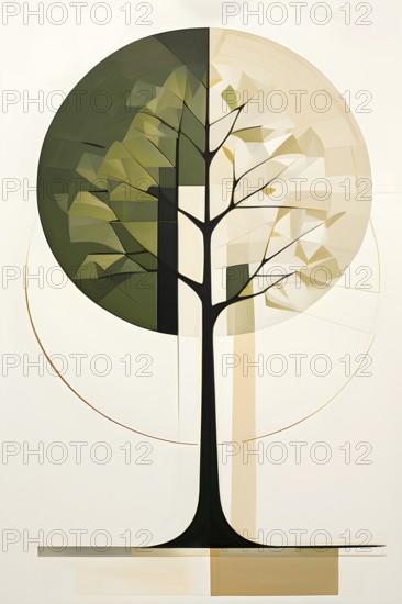 Abstract geometric tree with a circular canopy and a rectangular trunk, arranged in a clean,