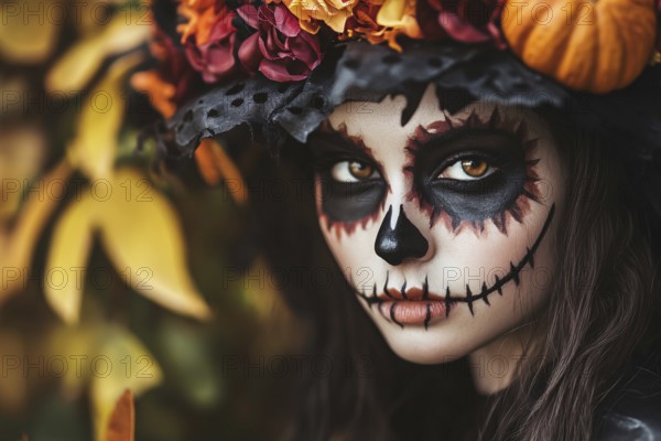 Young woman with black Halloween witch costume with hat and skull makeup. Generative Ai, AI