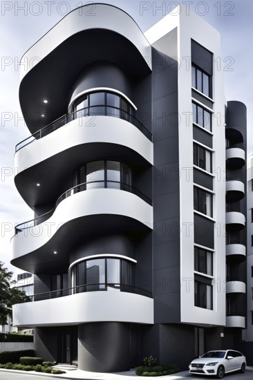 Rendering of a modern real estate apartment building in clean geometric forms in black and white,